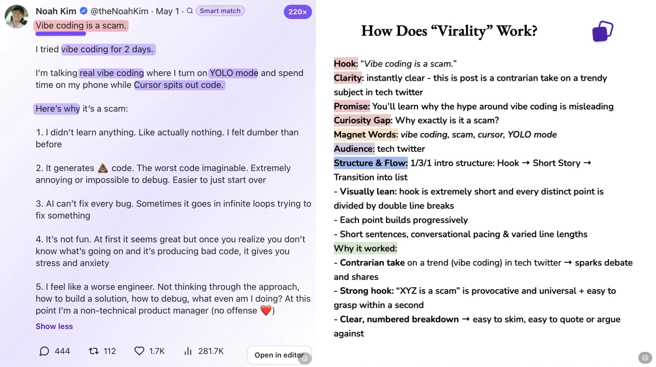 Noah Kim's vibe coding tweet